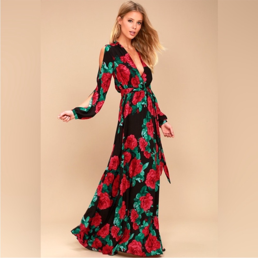 Lulus Strike a Rose Black Floral Print Long Sleeve Maxi Dress Size Medium